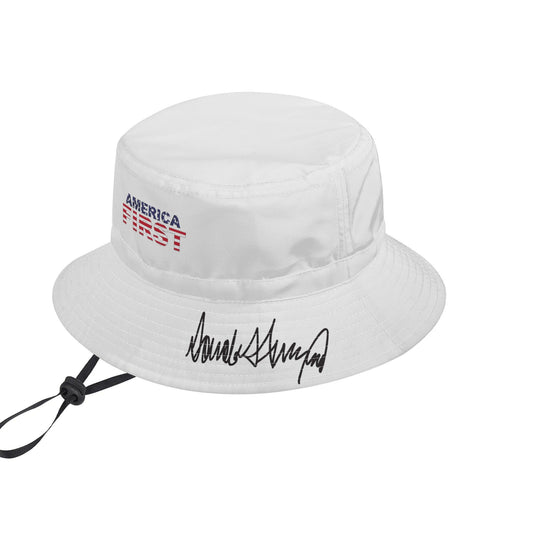 America First White Summer Bucket Hat w/ Trump Signature Brim