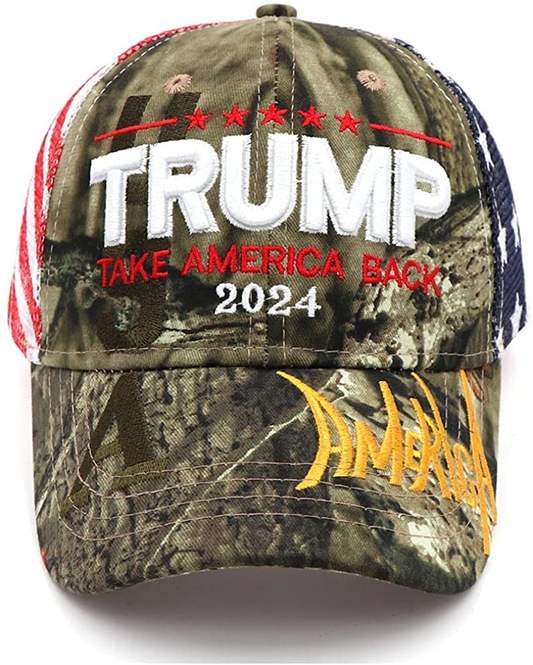 Trump 2024 Take America Back Camo Baseball Hat w/ American Flag Pattern Mesh Back