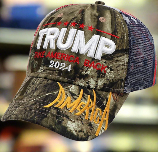 Trump 2024 Take America Back Camo Baseball Hat w/ American Flag Pattern Mesh Back