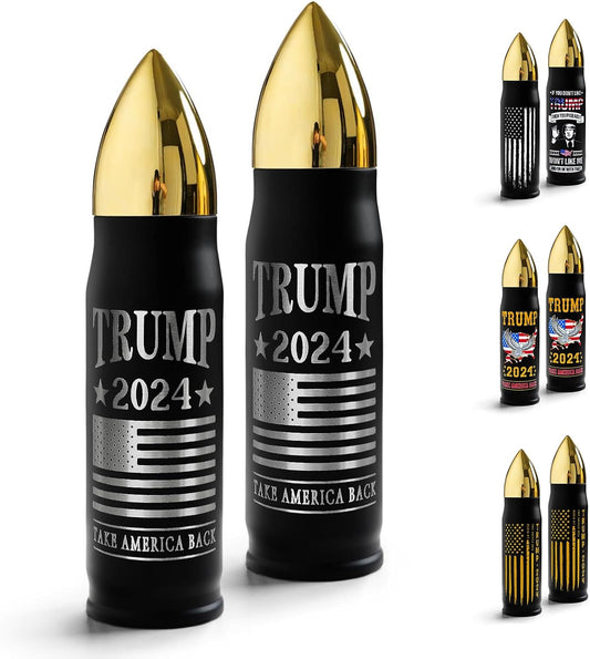 Trump 2024 Insulated Bullet Tumbler  Silver Laser Etched Flag