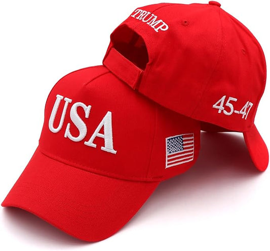 Trump 2024 USA Embroidered Hat With 45-47  & US Flag on Sides - Black