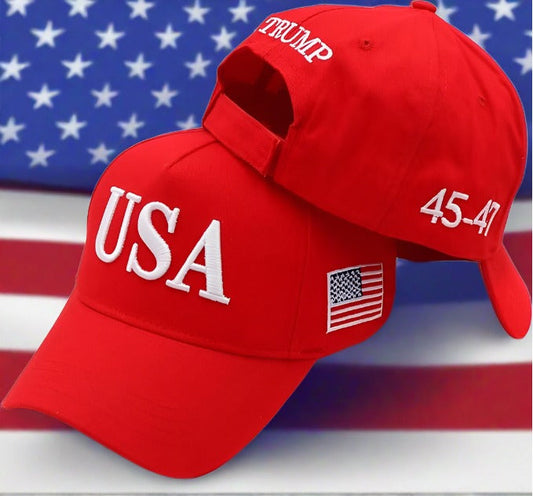 Donald Trump  Embroidered USA Hat With 45-47  & US Flag on Sides - Red