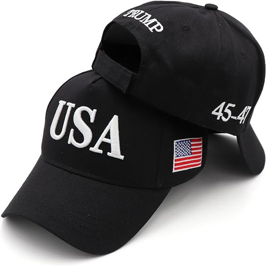 Trump 2024 USA Embroidered Hat With 45-47  & US Flag on Sides - Black