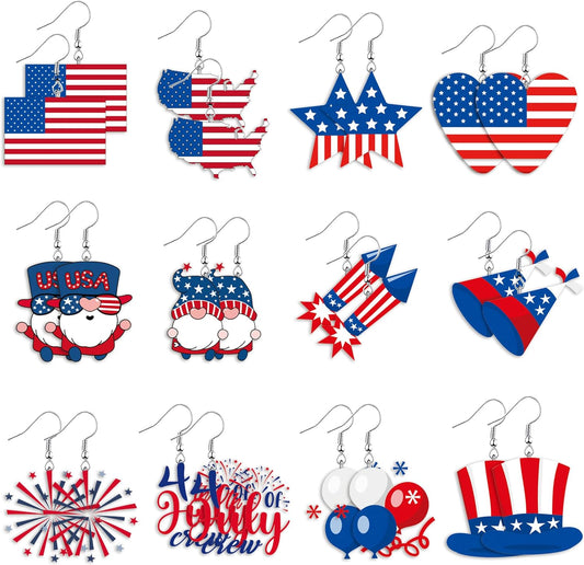 12 Pairs Patriotic Earrings 4th of July USA