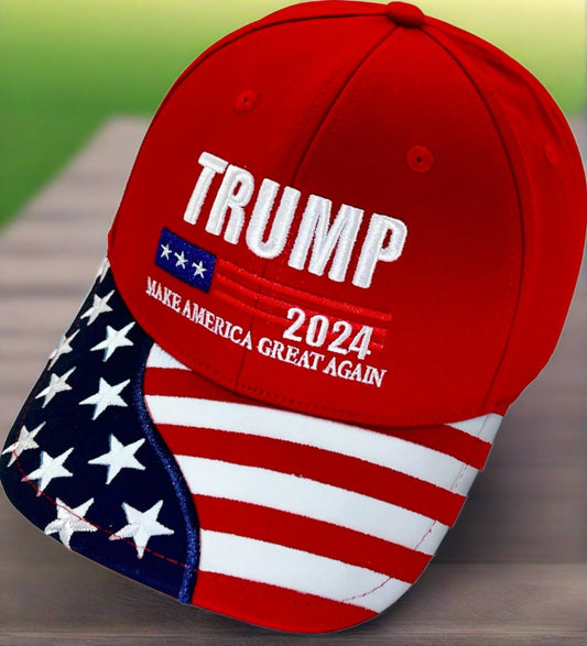 New Summer 2024 Design MAGA Hat Trump 2024 Embroidered w/ American Flag Bill