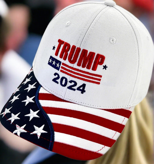 Trump 2024 Hat White w/ American Flag Bill