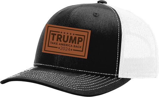 Trump 2024 Embroidered Leather Patch Trucker Snapback Hat