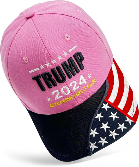 Pink Trump 2024 Make America Great Again Hat w/ American Flag Bill