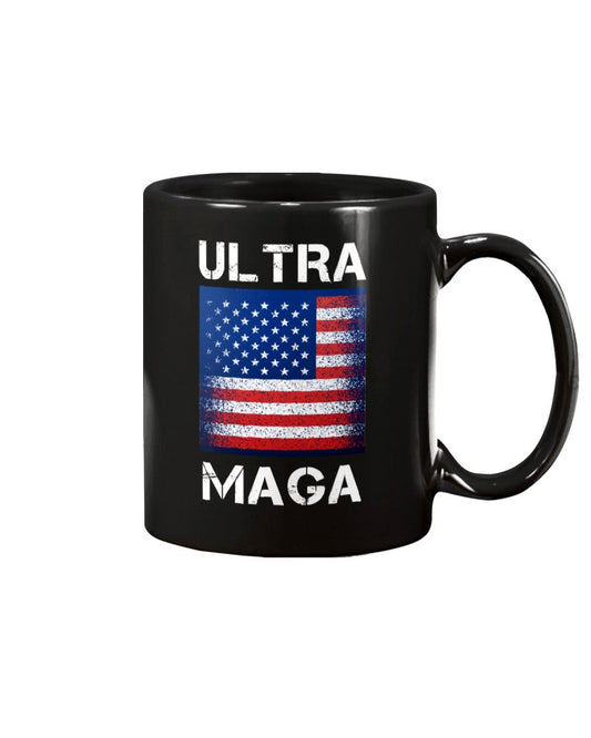 Ultra MAGA Black Coffee Mug with USA Flag