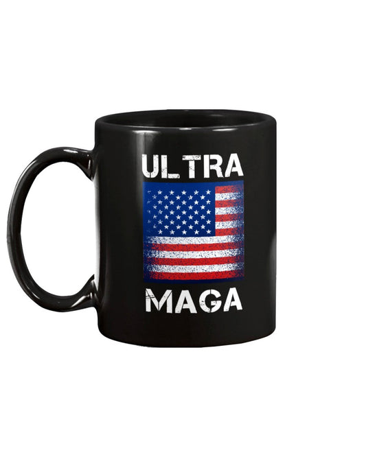 Ultra MAGA Black Coffee Mug with USA Flag